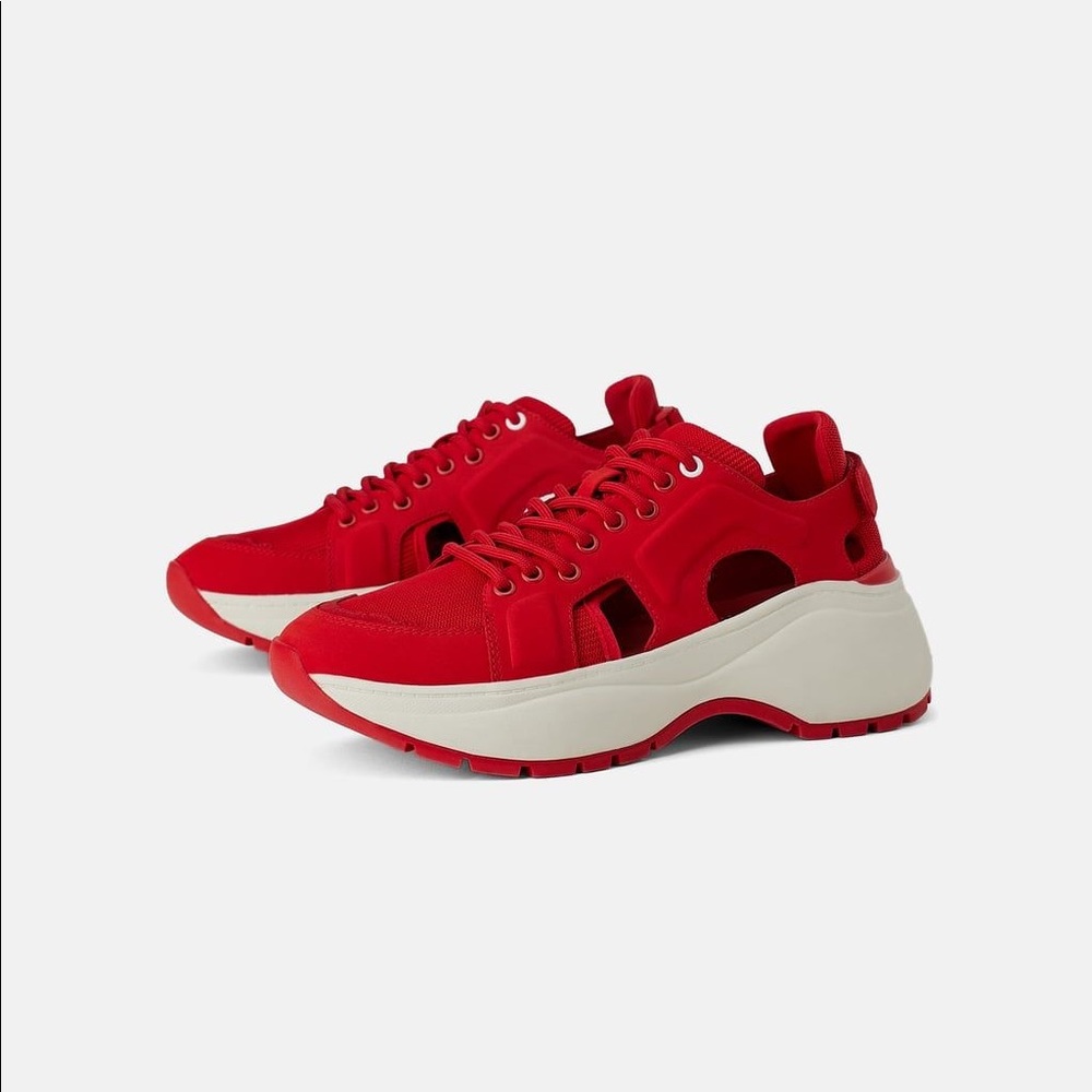 Zara red lace-up sneakers with cut out details